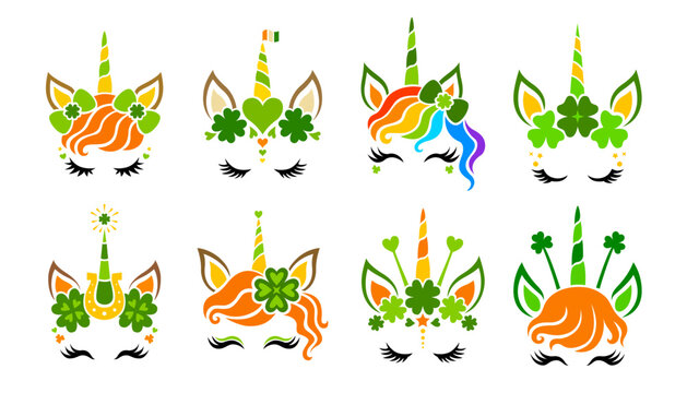 St. Patrick's Unicorn face vector. Cute collection. Animals with clover, hair bow and unicorn horn for girls. Magical characters. Illustrations isolated on white background.