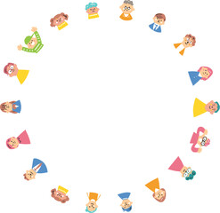 様々な人々が弧を描くように並んでいる図　イラスト素材
