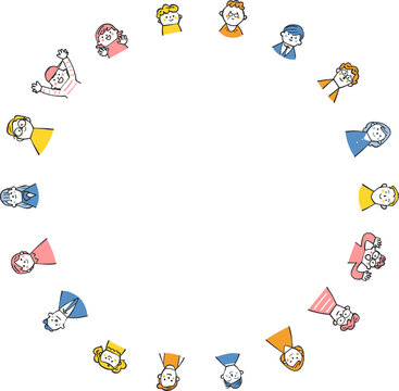 様々な人々が弧を描くように並んでいる図　イラスト素材
