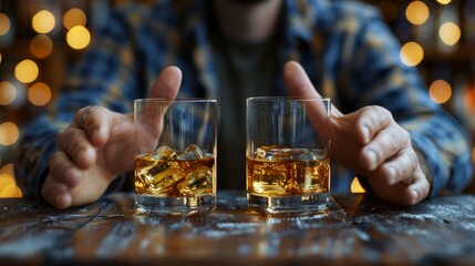 Close-up hand stop alcohol, Man's hand gesturing 'no' to a glass of whiskey. alcoholism treatment, alcohol addiction, quit booze, Stop Drinking Alcohol. unhealthy, alcohol rejection - obrazy, fototapety, plakaty