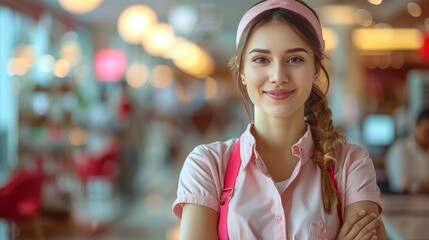 Indian woman in cruise ship staff uniform exuding confidence on soft pastel background