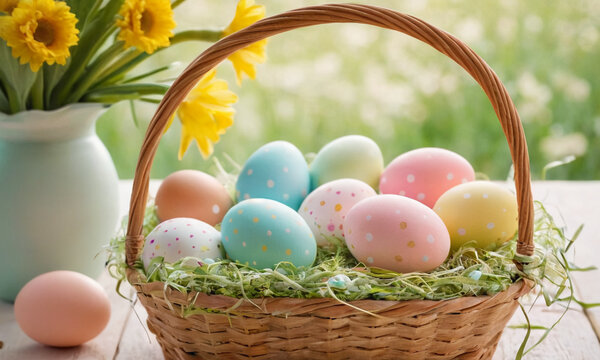 easter eggs in basket.A basket of speckled Easter eggs rests on a wooden table, with bright daffodils nearby, embodying the joyous spirit of springtime renewal, Generative AI.