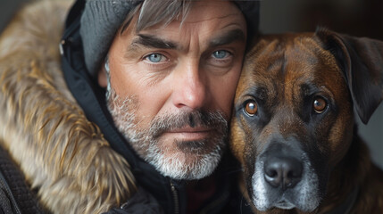 Man with a Dog in a Selfie: A Friend and a Companion - obrazy, fototapety, plakaty