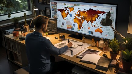 A top-down view of a person creating a multimedia presentation on a whiteboard, incorporating...