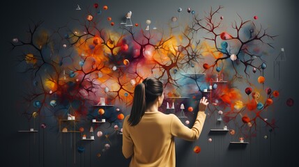 A top-down view of a person creating a mind map on a whiteboard, connecting ideas and concepts with...