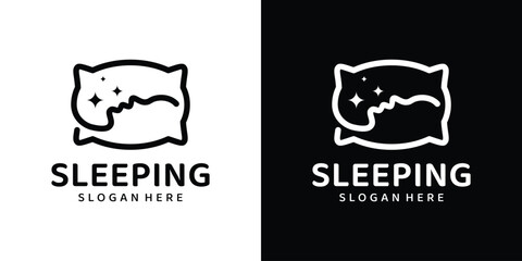Pillow logo design template with the head of the person is sleeping and with an abstract line model graphic design vector. Symbol, icon, creative.