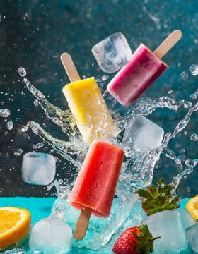 An explosion of ice cubes, popsicles and water spray, colorful summer theme, refreshing and cool.