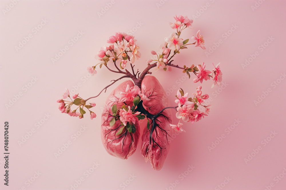 Wall mural artificial human lungs filled with pink cherry blossom on soft pink background. the time of seasonal