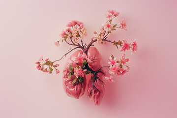 Artificial human lungs filled with pink cherry blossom on soft pink background. The time of seasonal allergies and blooming season.