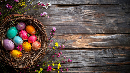 Vibrant painted eggs nestled in a straw basket on a worn wooden surface, conveying the joy of Easter festivities