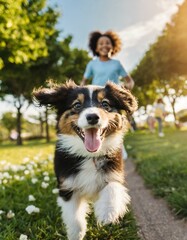 Happy-looking dog running with a blurred child running in the background, in a park in the summer.