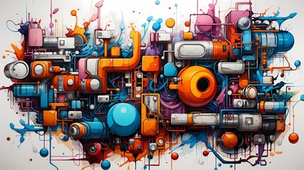 A top-down view of a whiteboard covered in colorful graffiti-style artwork, featuring bold shapes and intricate patterns, creating a visually captivating urban art scene