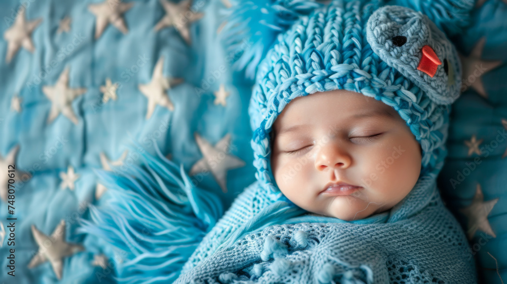 Sticker serene newborn baby wrapped snugly in a blue textile, peacefully asleep, and wearing an adorable kni