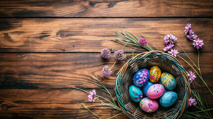 Colorful hand-painted Easter eggs nestled in a wicker basket with wildflowers on a rustic wooden table