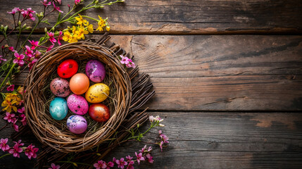 A charming arrangement of painted Easter eggs nestled in a natural woven nest, accompanied by bright sprigs of springtime blossoms on a textured wooden backdrop