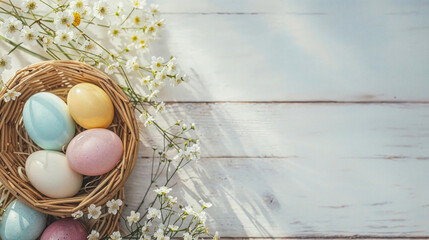 Soft pastel eggs placed in a natural woven basket accompanied by delicate white flowers