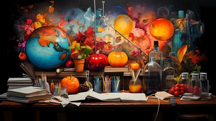 A top-down view of a whiteboard covered in vibrant chalk pastel drawings, featuring a variety of subjects such as landscapes, still life, and portraits.