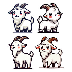 Set of cute goat full body cartoon mascot character vector illustration, funny adorable farm pet animal goat design template isolated on white background