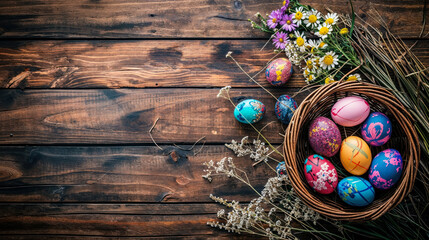 A variety of decorated Easter eggs in a nest alongside wildflowers on a textured wooden table