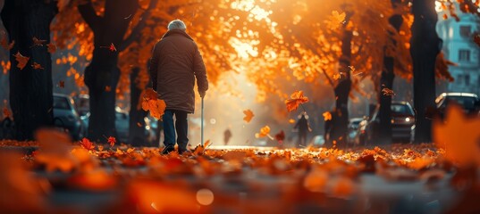 Elderly man with a cane taking a leisurely stroll through a peaceful park on a sunny day - obrazy, fototapety, plakaty