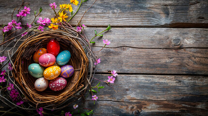 Nest filled with colorful Easter eggs among spring flowers on an aged wooden surface