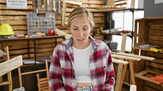 Blonde carpenter gal sits skeptical, looking questioningly at carpentry table. thoughtful young woman with open mouth, sarcastic look on face in workshop