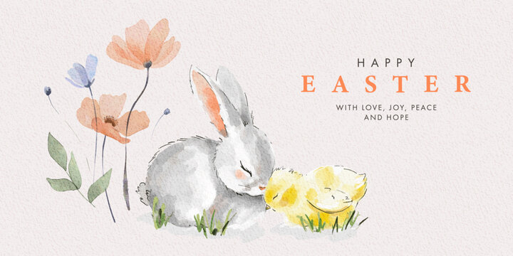 Happy Easter watercolor greeting card, website banner or poster with cute Easter bunny, little chick and spring flowers in pastel colors on light background. Isolated Easter watercolor decor elements