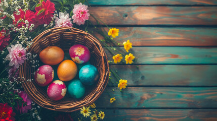 A festive Easter arrangement with a basket of richly colored eggs against a vibrantly painted wooden backdrop, radiating cheer and tradition