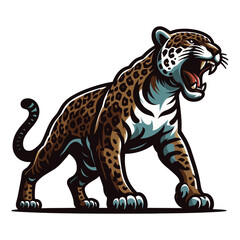 Wild roaring jaguar leopard full body vector illustration, zoology illustration, animal predator big cat design template isolated on white background