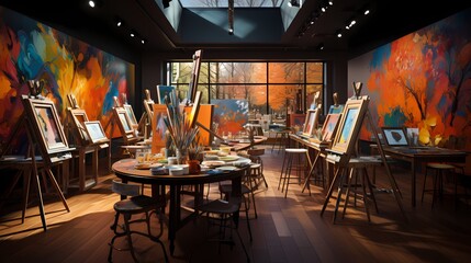 A top-down view of an art classroom, with easels, paintbrushes, and colorful canvases, showcasing a space of creativity and learning, captured in high-definition detail and vibrant colors - obrazy, fototapety, plakaty