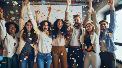 Happy diverse employees team celebrating success business achievement