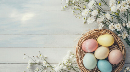 Pastel-colored Easter eggs in a nest surrounded by white flowers on a wooden background
