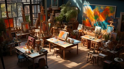 Naklejka na ściany i meble A top-down view of an art classroom, with easels, paintbrushes, and colorful canvases, showcasing a space of creativity and learning, captured in high-definition detail and vibrant colors