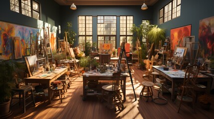 A top-down view of an art classroom, with easels, paintbrushes, and colorful canvases, showcasing a space of creativity and learning, captured in high-definition detail and vibrant colors - obrazy, fototapety, plakaty