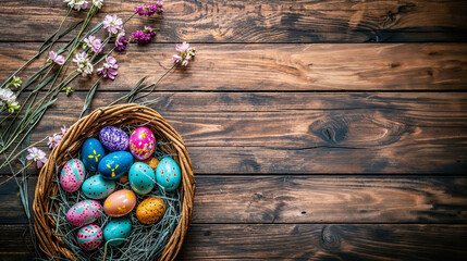 An assortment of colorful Easter eggs and delicate flowers beautifully displayed on a rich wooden surface for the holidays