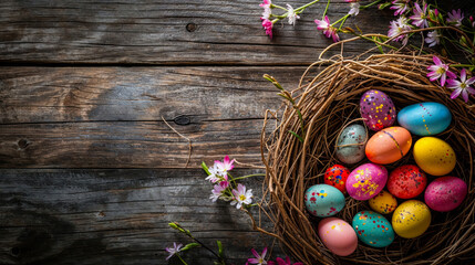 A delightful scene of various speckled and colorful Easter eggs in a nest, with soft purple flowers accenting the weathered wooden surface