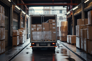 Truck parked in warehouse, loaded with cartboard boxes cargo.
