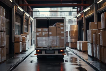 Zelfklevend Fotobehang Truck parked in warehouse, loaded with cartboard boxes cargo. © Ale