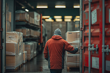 Worker in warehouse with cartboard boxes.
