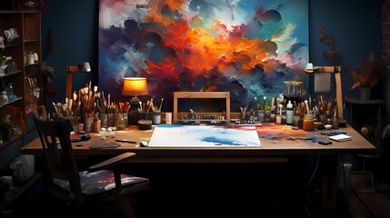 A top-down view of an artist's studio, with paints, brushes, and canvases scattered across the...