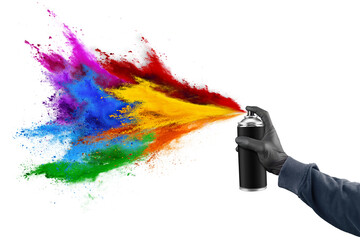 hand with black glove and color spray can with colorful rainbow paint powder cloud explosion isolated  white panorama background. industry art and graffiti concept.