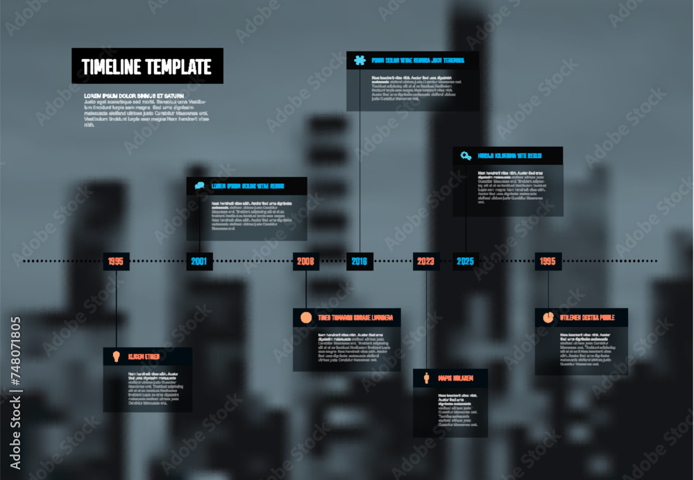 Poster simple blue and red timeline template with color blocks and photo in the background