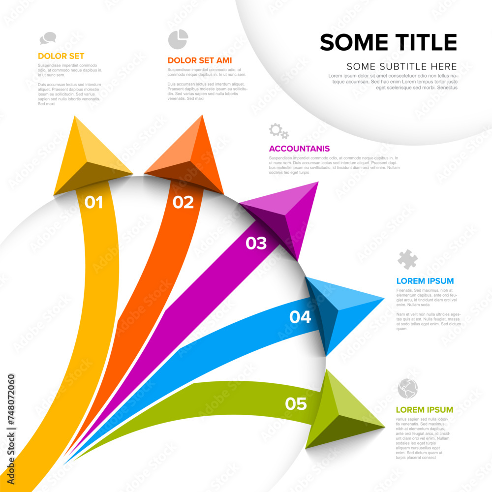 Poster simple diagonal infographic with title and five arrows pointing on element option items