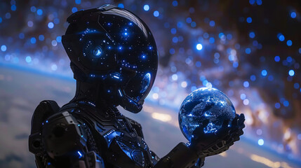 An enchanting image of a robot with a star-filled head gently holding a cosmic Earth, depicting a beautiful fusion of machine and universe