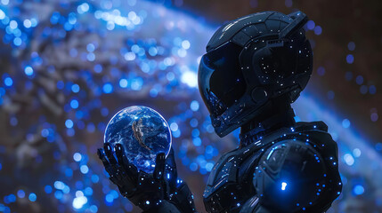 A sleek black robot is shown holding a reflective miniature globe, contrasting light and darkness