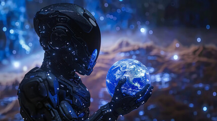 A high-tech robot contemplates a luminescent Earth, symbolizing advanced technology and AI in a cosmic backdrop