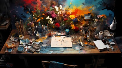 A top-down view of an artist's studio, with paints, brushes, and canvases scattered across the workspace, showcasing the creative process and the artist's tools, captured in high-definition detail