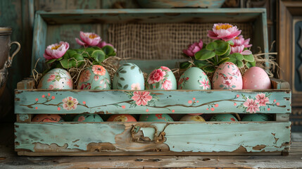 Obraz na płótnie Canvas An Easter Eggs displayed in a charming vintage wooden crate. Generative ai.