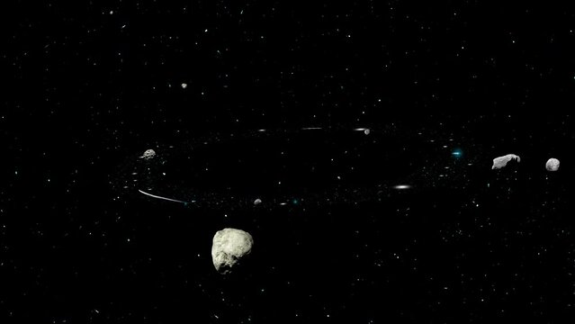 A ring of stars with flying asteroids rotates in space against the background of the starry sky. 4K slow motion 3D loop animation.