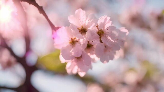 A beautiful scene of delicate pink blossoms on a tree branch, capturing the essence of spring's beauty